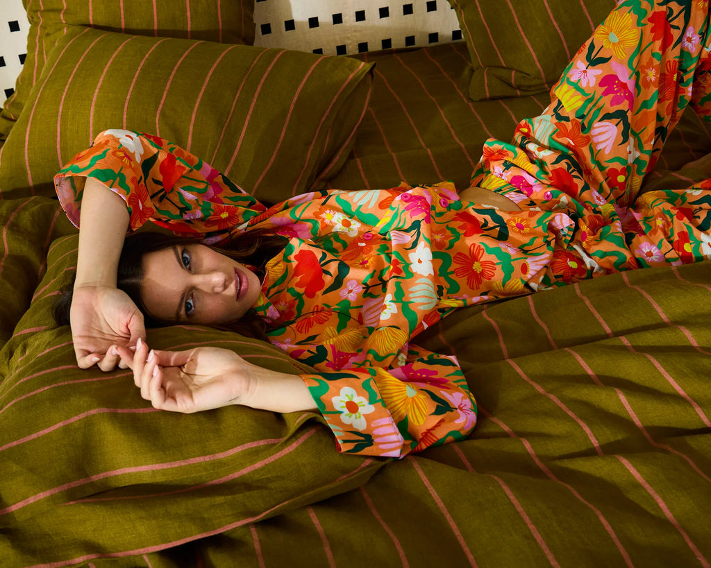 KIP & CO - ADULT ORGANIC COTTON LONG SLEEVE SHIRT & PANT PYJAMA SET - POPPING FLOWERS PEACH