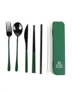 THE SOMEWHERE CO - CUTLERY KIT - BLACK WITH FOREST GREEN HANDLE