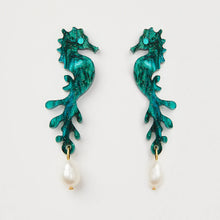 Load image into Gallery viewer, MARTHA JEAN - SEA HORSE &amp; PEARL EARRINGS - EMERALD
