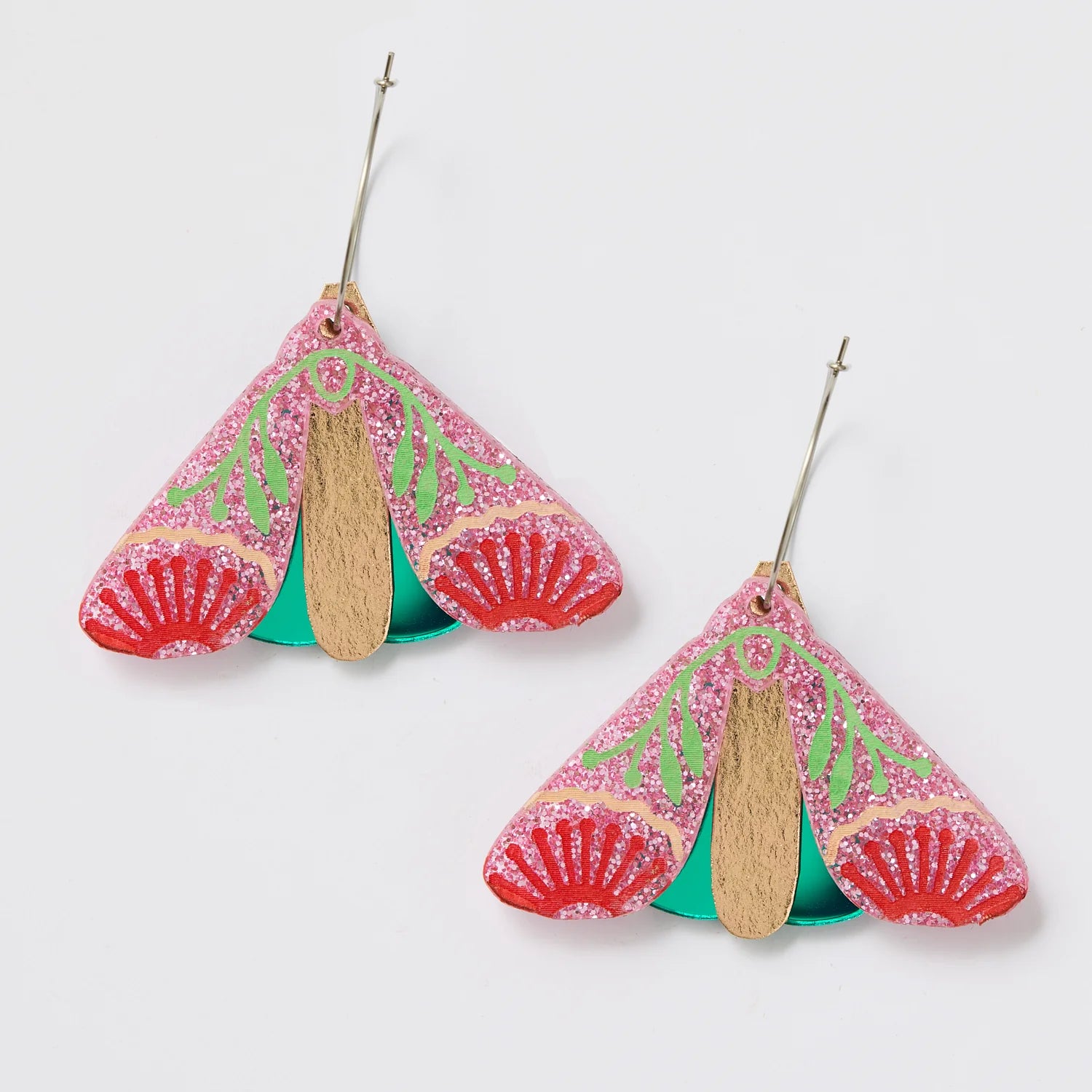 MARTHA JEAN - MOTH WATTLE EARRINGS - PINK SPARKLE / GREEN