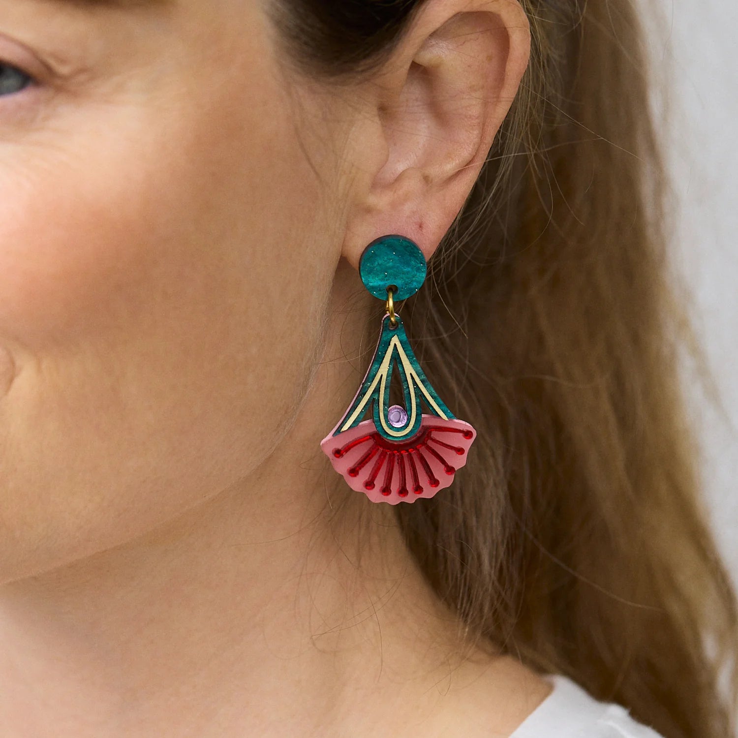 MARTHA JEAN - SILVER PRINCESS DROP EARRINGS - PINK / GREEN