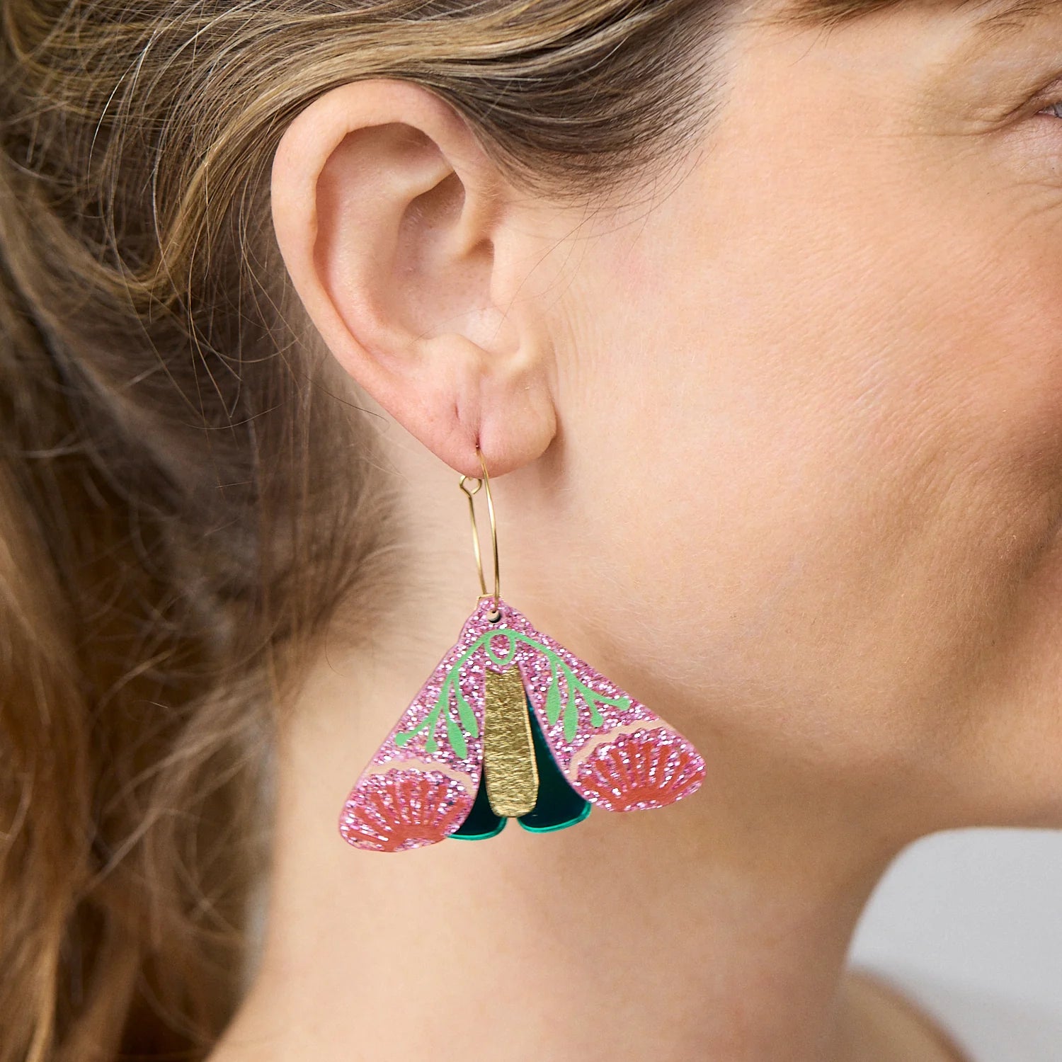 MARTHA JEAN - MOTH WATTLE EARRINGS - PINK SPARKLE / GREEN