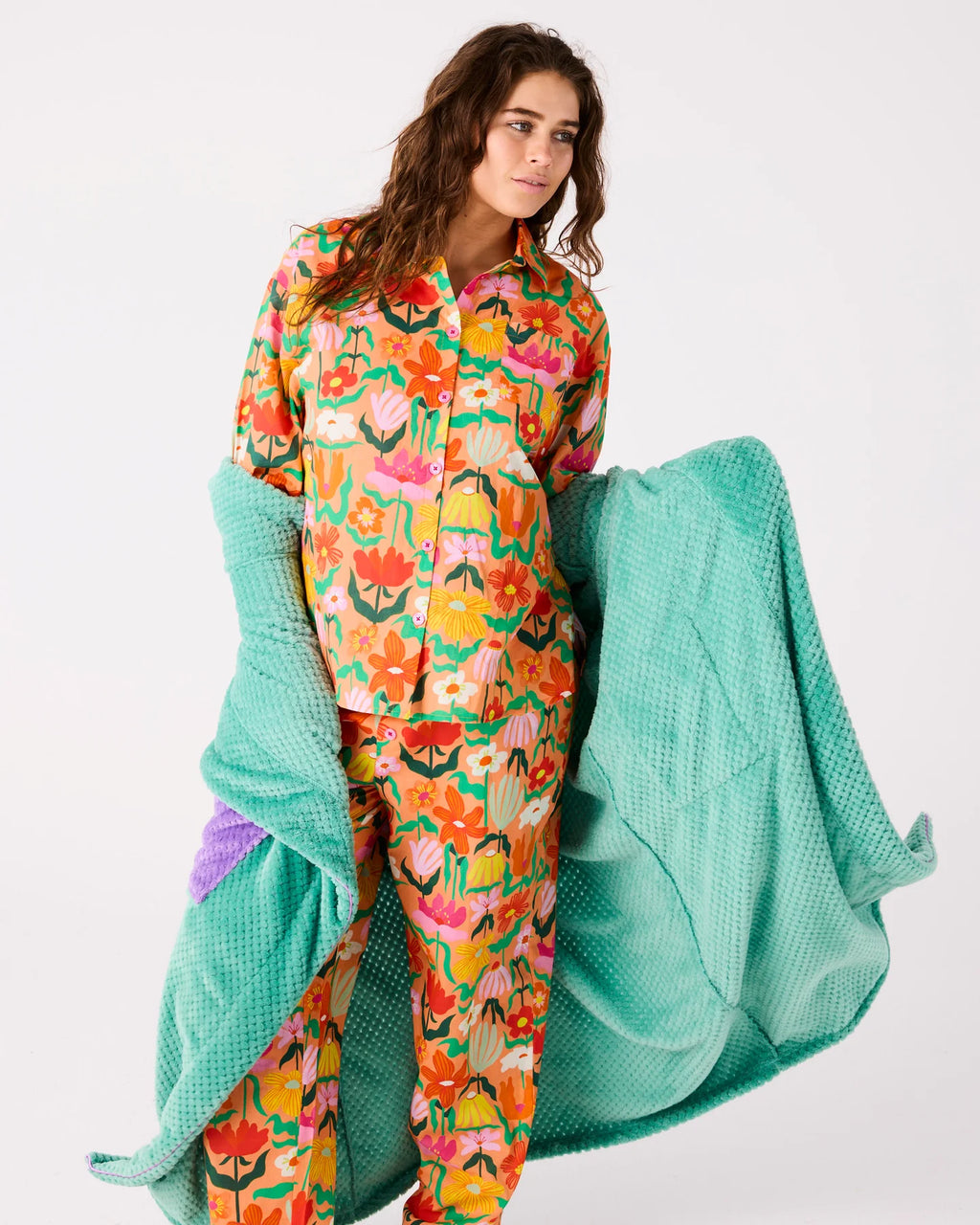 KIP & CO - ADULT ORGANIC COTTON LONG SLEEVE SHIRT & PANT PYJAMA SET - POPPING FLOWERS PEACH