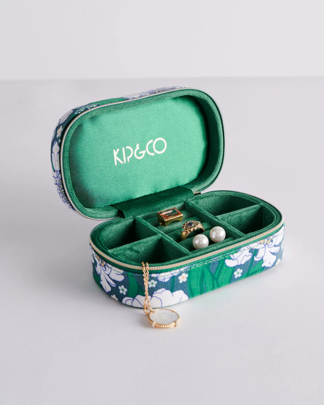 KIP & CO - VELVET TRAVEL JEWELLERY BOX  - TUMBLING FLOWERS GREEN
