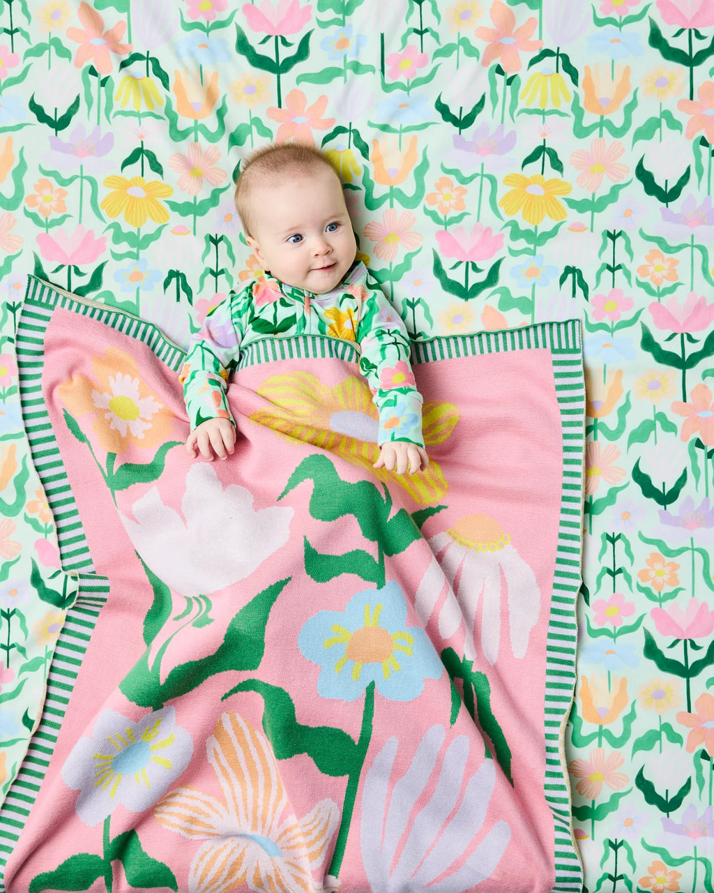 KIP & CO - COTTON KNITTED BLANKET - POPPING FLOWERS GREEN