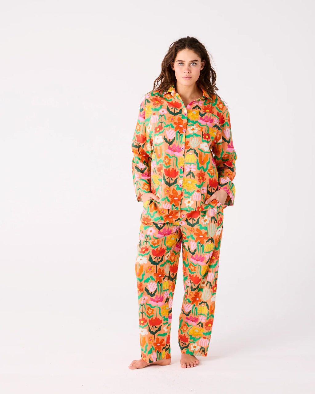 KIP & CO - ADULT ORGANIC COTTON LONG SLEEVE SHIRT & PANT PYJAMA SET - POPPING FLOWERS PEACH