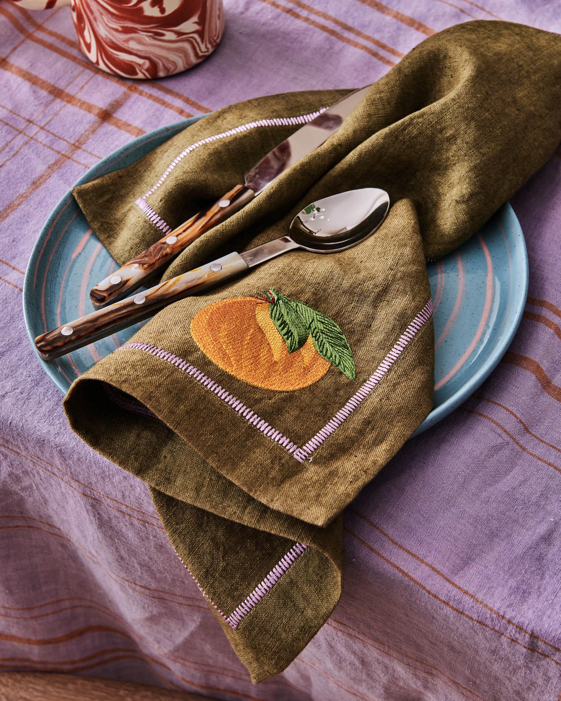 KIP & CO - EMBROIDERED LINEN 4P NAPKIN SET - AUTUMN FRUITS