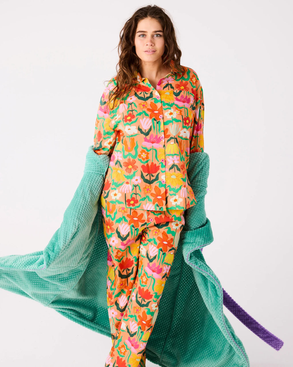 KIP & CO - ADULT ORGANIC COTTON LONG SLEEVE SHIRT & PANT PYJAMA SET - POPPING FLOWERS PEACH