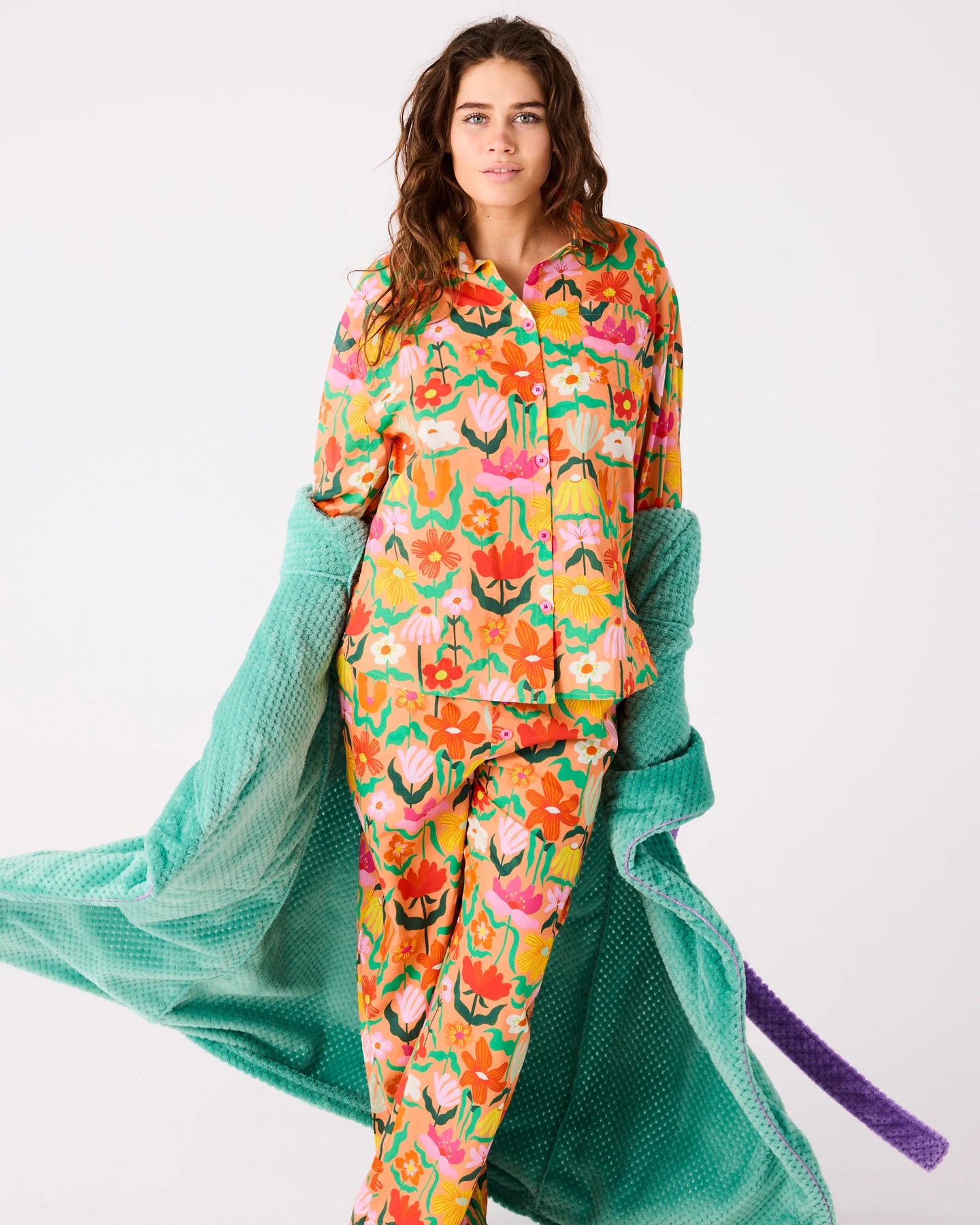 KIP & CO - ADULT ORGANIC COTTON LONG SLEEVE SHIRT & PANT PYJAMA SET - POPPING FLOWERS PEACH
