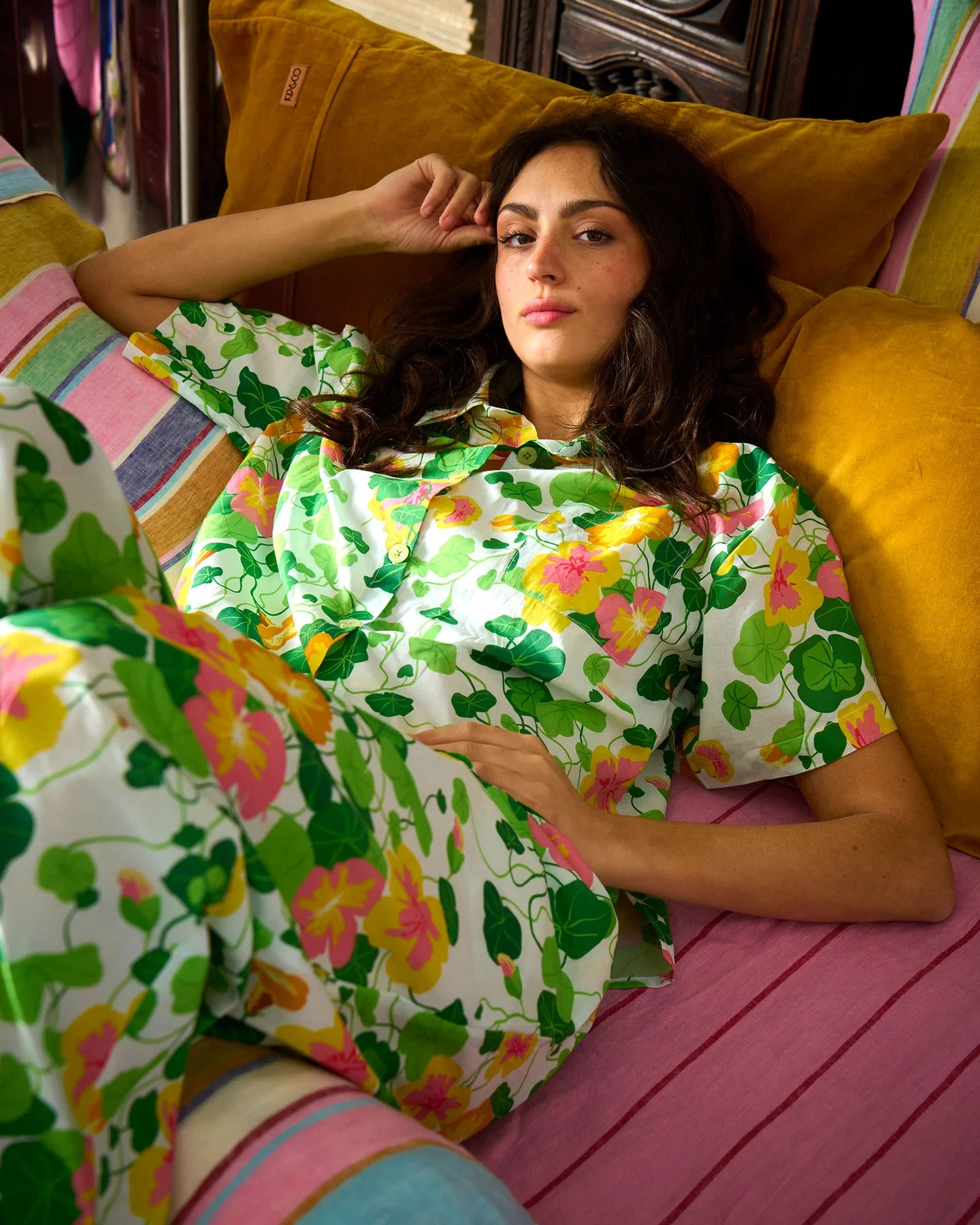 KIP & CO - ADULT ORGANIC COTTON SHORT SLEEVE SHIRT & PANT PYJAMA SET - NASTURTIUM