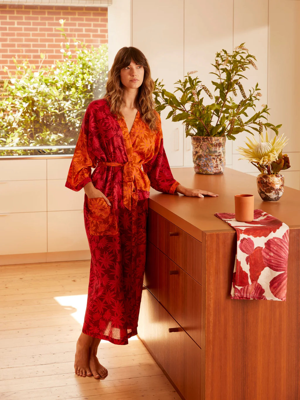 BONNIE & NEIL - FLANNEL FLOWER ROBE - CERISE TAN
