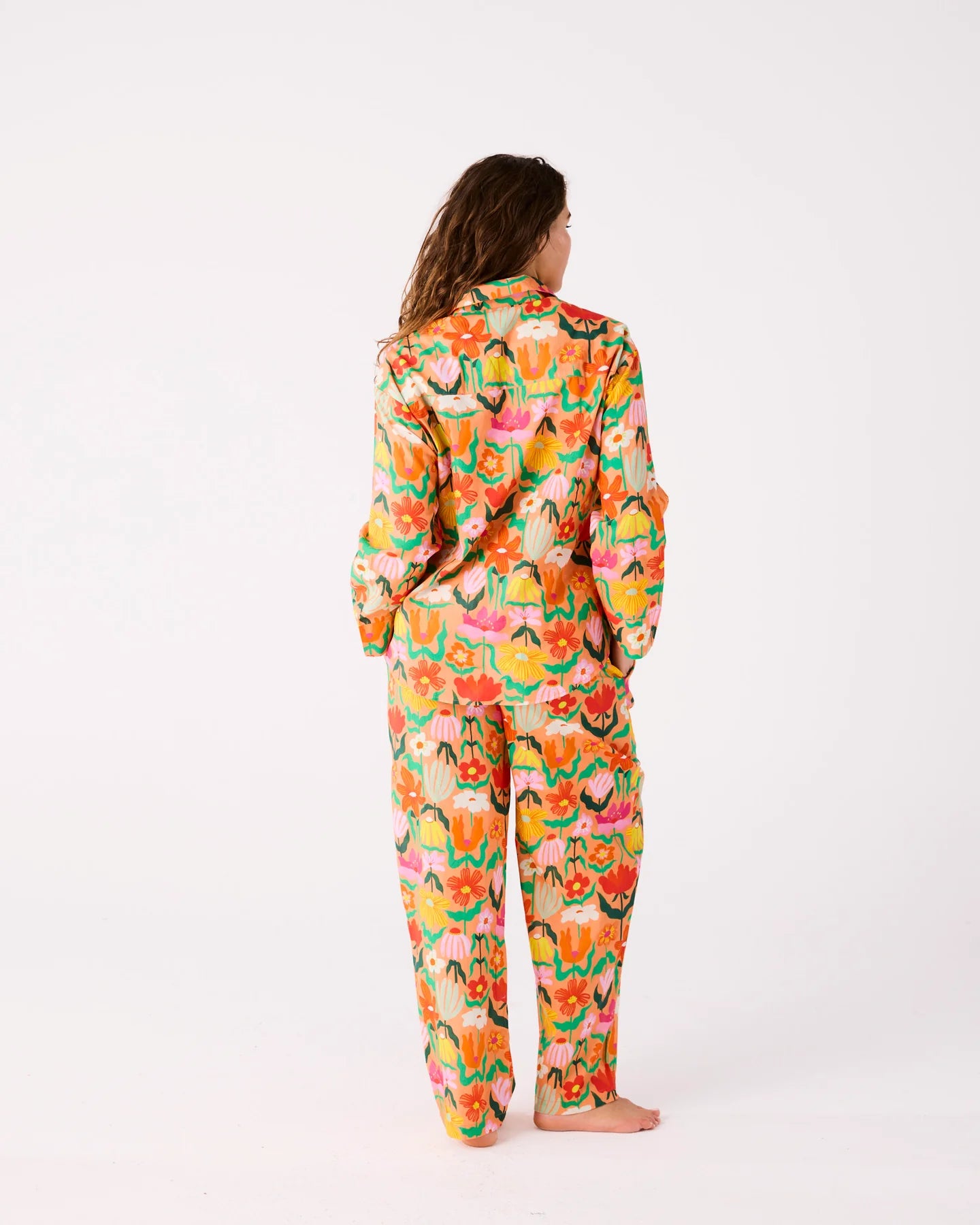 KIP & CO - ADULT ORGANIC COTTON LONG SLEEVE SHIRT & PANT PYJAMA SET - POPPING FLOWERS PEACH