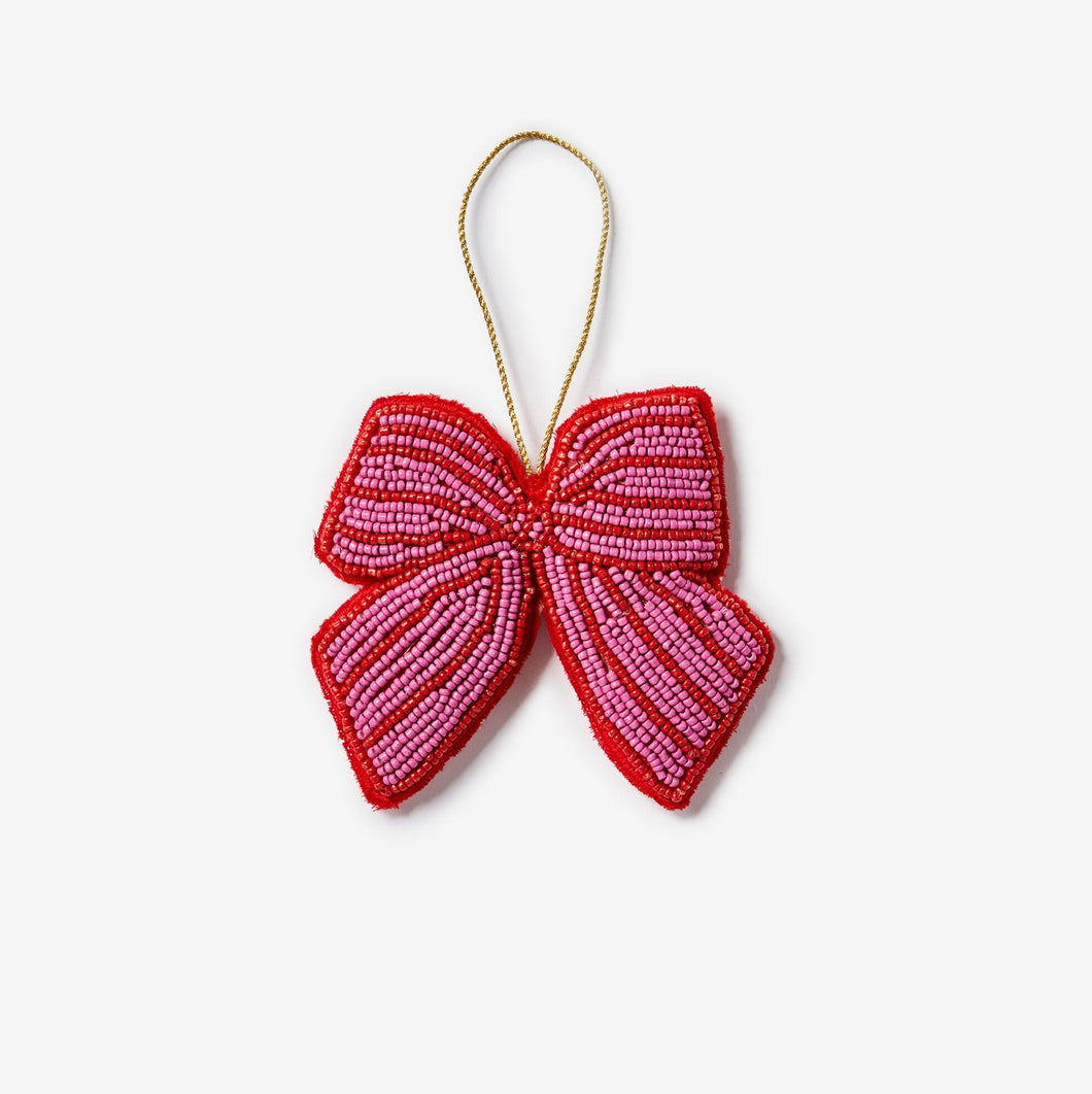 BONNIE & NEIL - BEADED CHRISTMAS DECORATION - BOW PINK