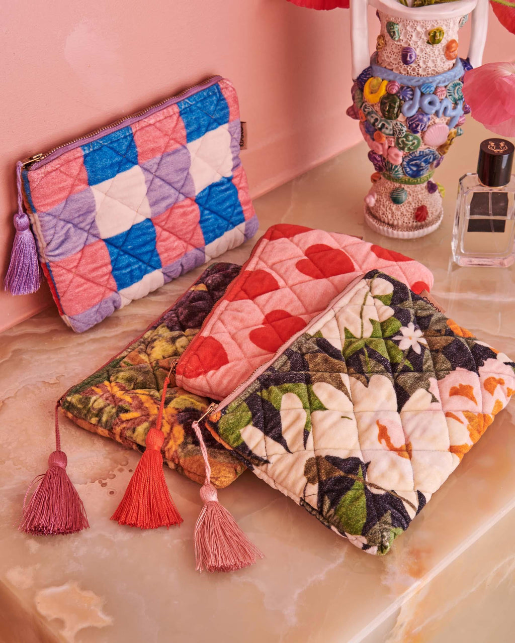 KIP & CO - VELVET COSMETIC PURSE - SUMMER CHECK