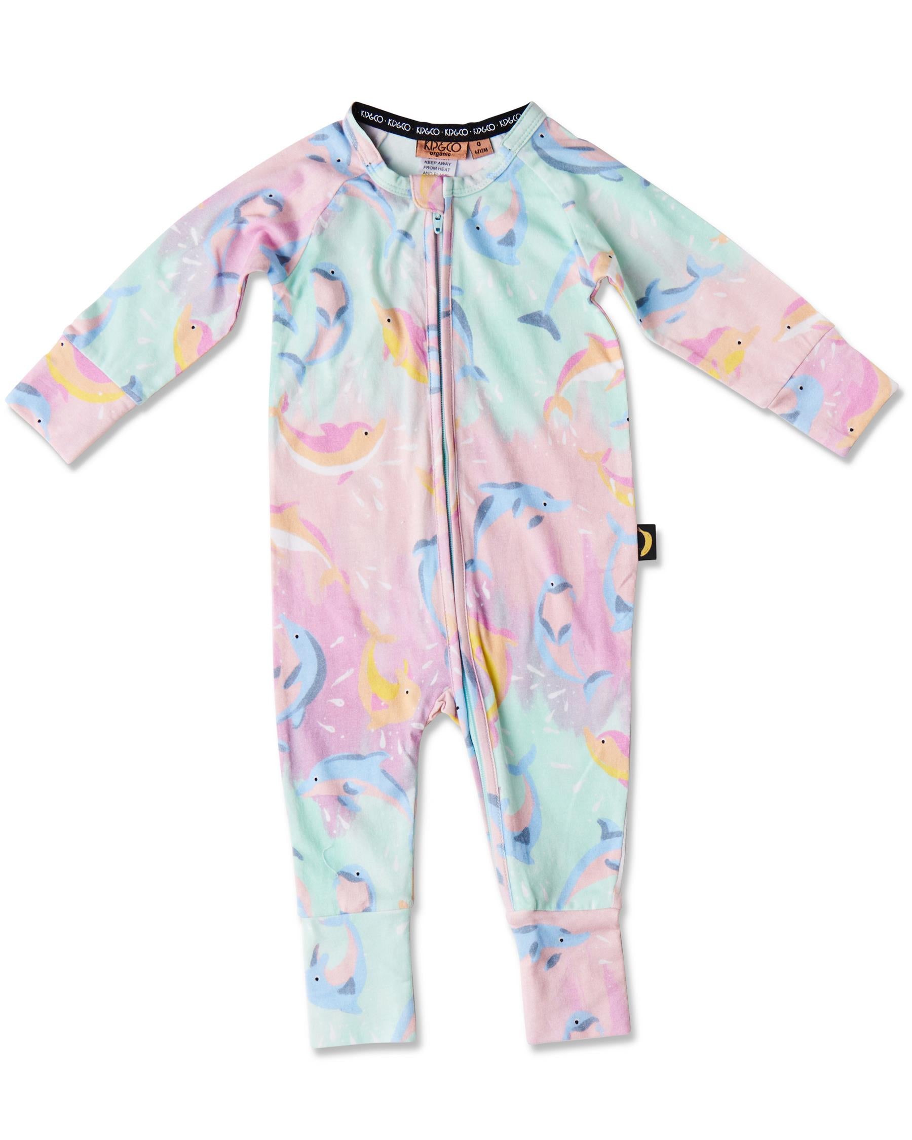 KIP & CO - ORGANIC LONG SLEEVE ZIP ROMPER - DOLPHIN MAGIC