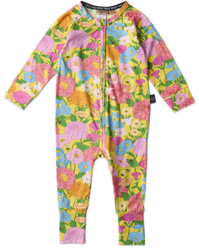 KIP & CO - ORGANIC COTTON LONG SLEEVE ZIP ROMPER - FOLLOW THE SUN YELLOW
