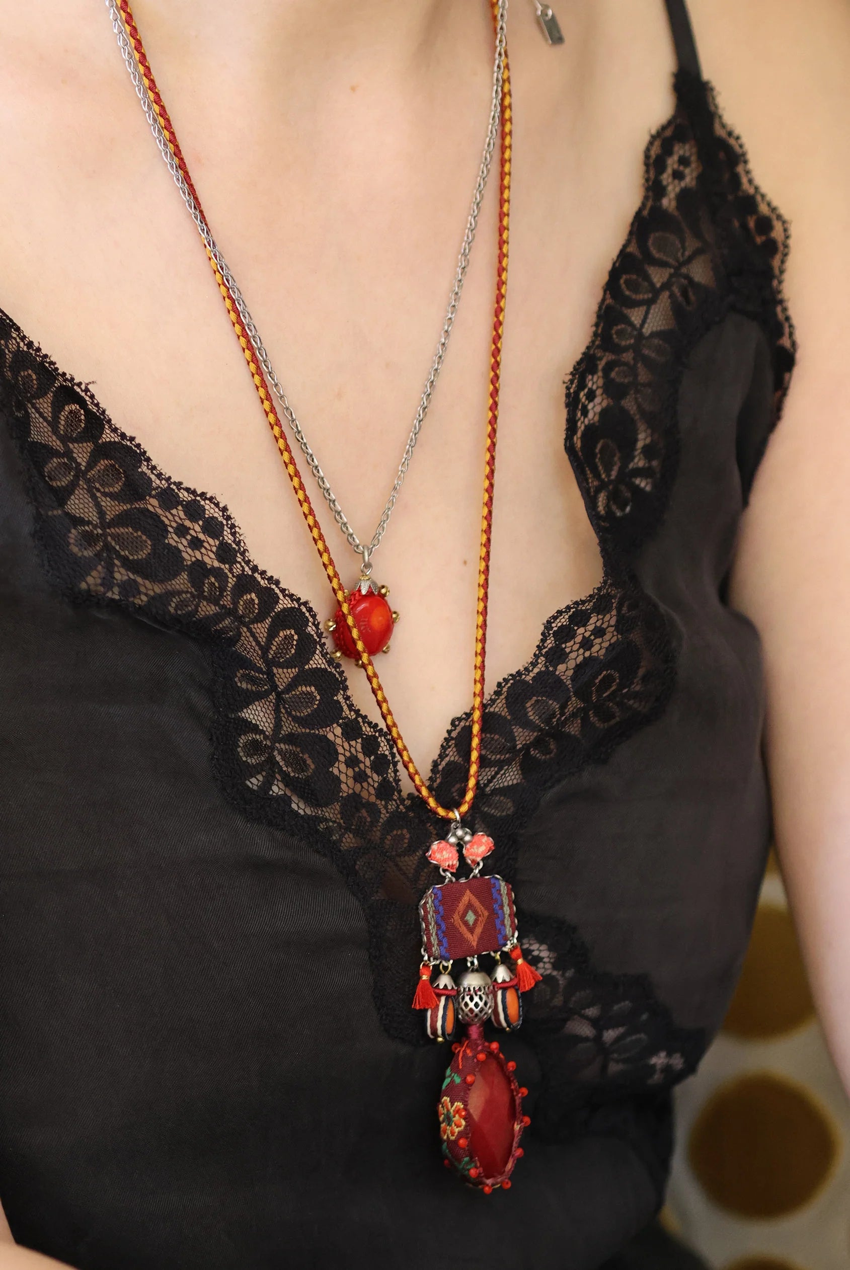 AYALA BAR - CRIMSON FIRE SET - LONG PENDANT NECKLACE - BRASIER