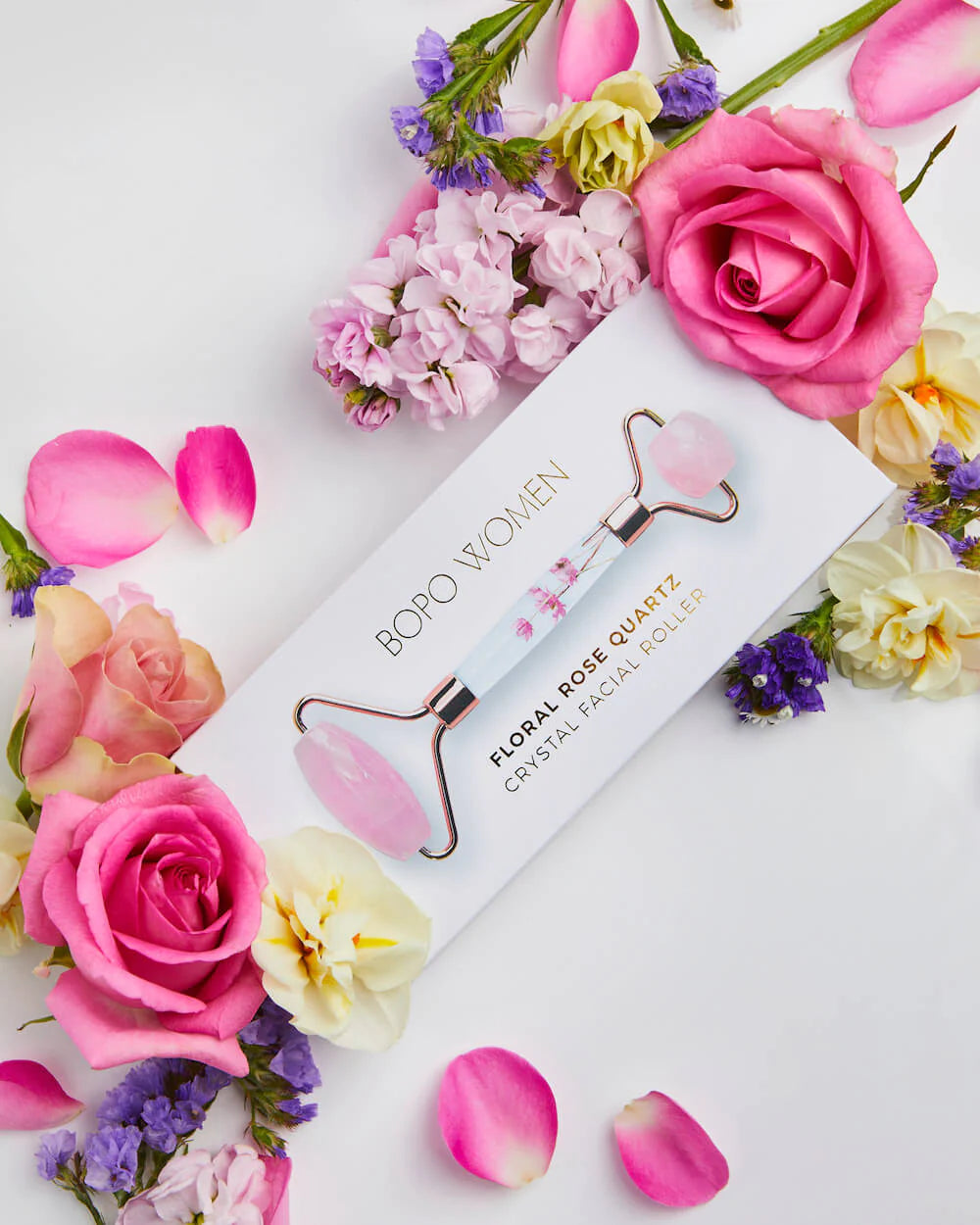 BOPO WOMEN - FACIAL ROLLER - FLORAL ROSE QUARTZ