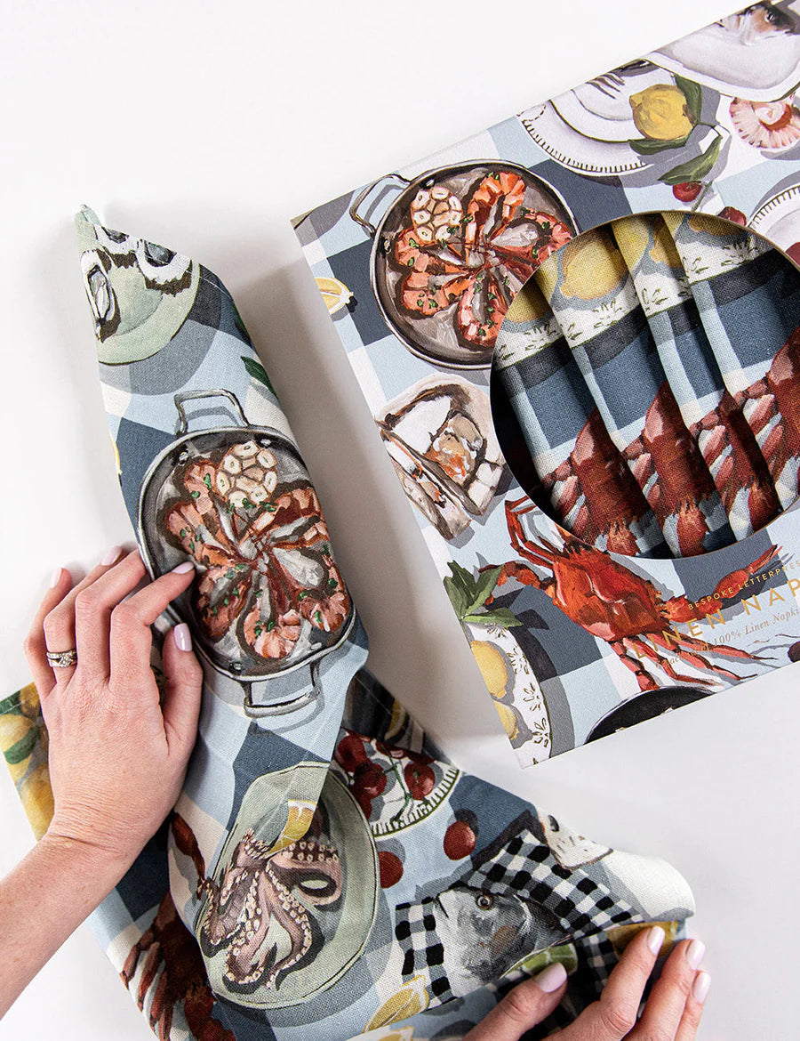 BESPOKE LETTERPRESS - CRAB & SQUID 100% LINEN NAPKINS - 6PK