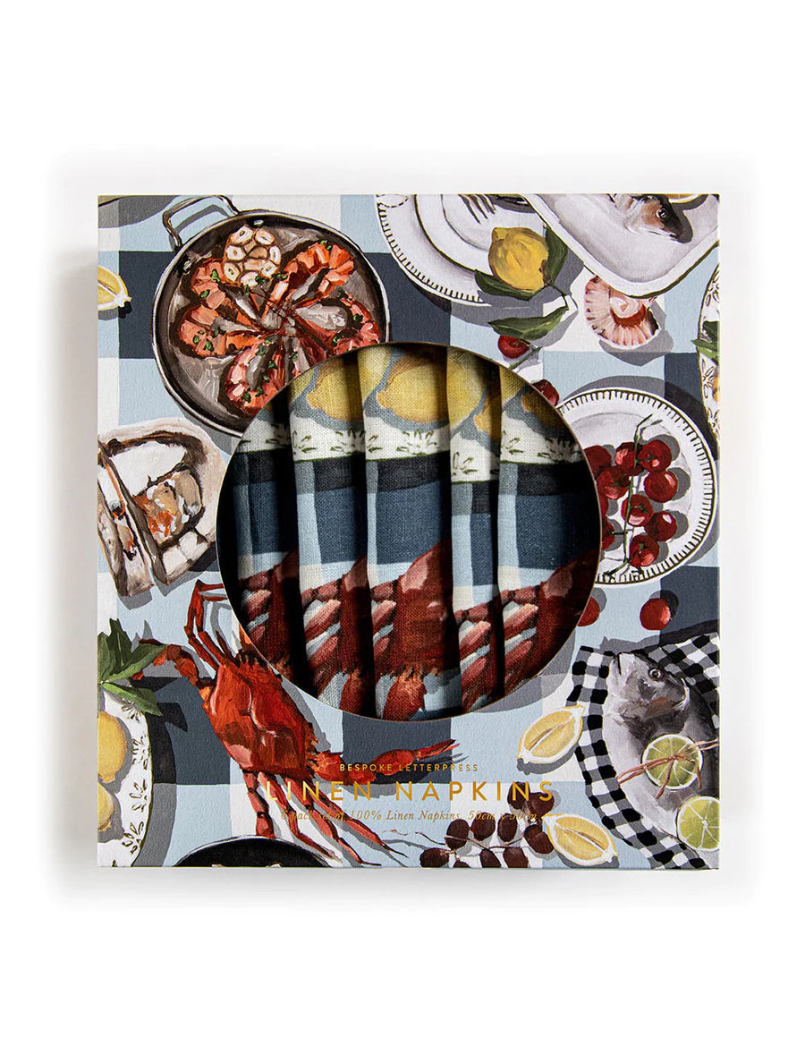 BESPOKE LETTERPRESS - CRAB & SQUID 100% LINEN NAPKINS - 6PK