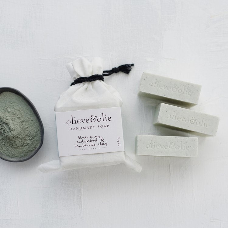 OLIEVE & OLIE - BLUE GUM , CEDARWOOD & BENTONITE CLAY HANDMADE BAR SOAP - 3 PACK