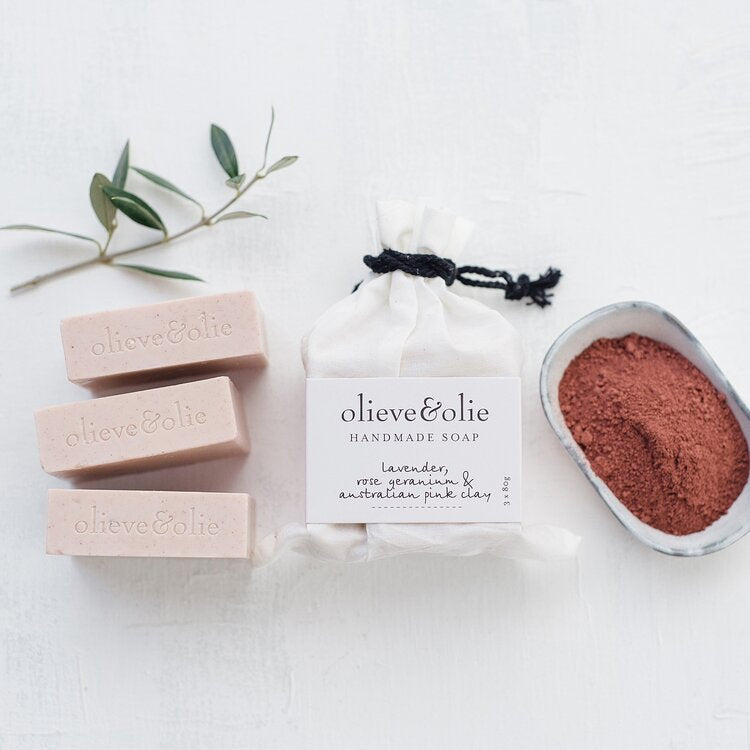 OLIEVE & OLIE - LAVENDER, ROSE GERANIUM & PINK CLAY HANDMADE BAR SOAP - 3 PACK