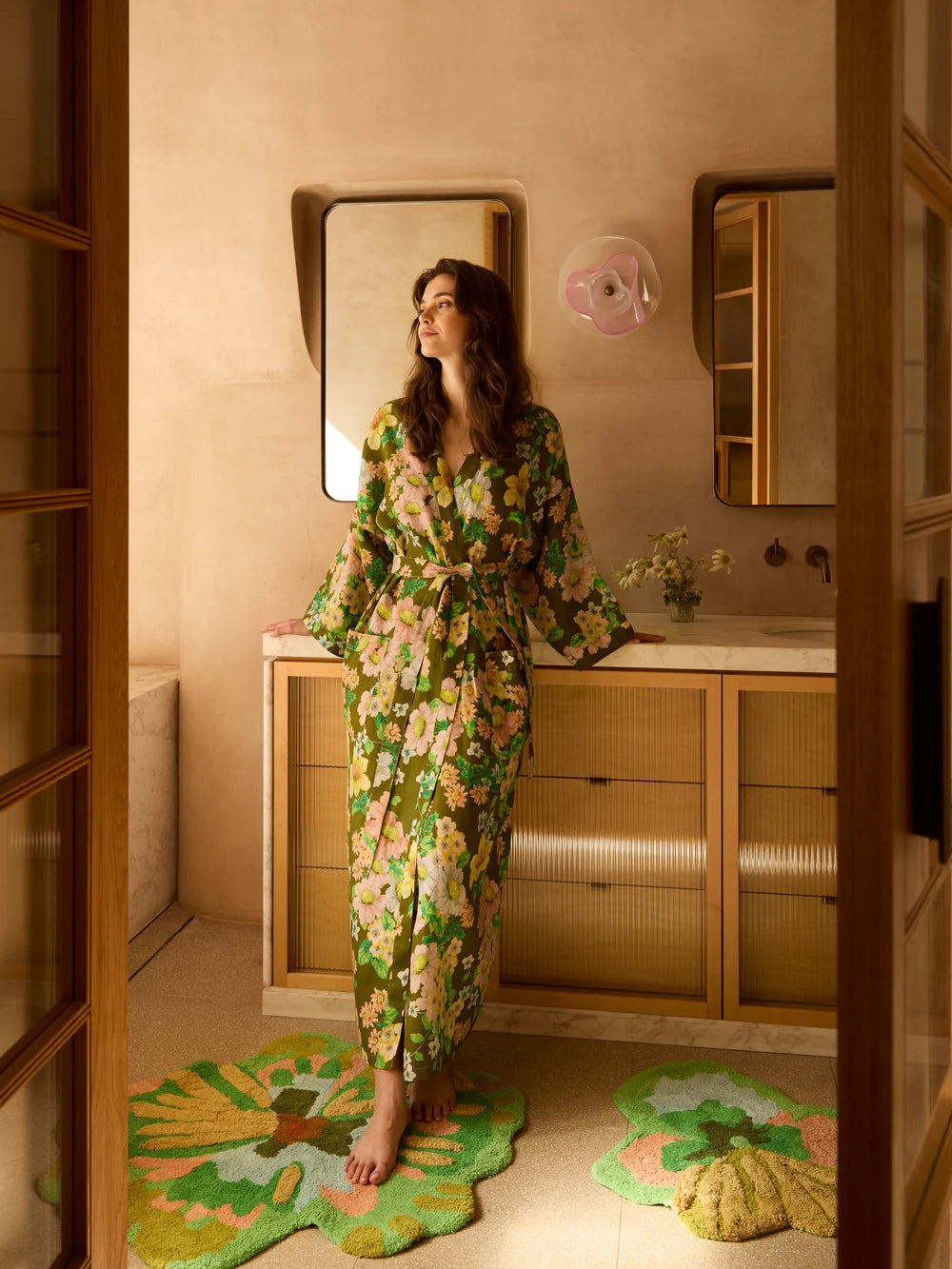 BONNIE & NEIL - FLORAL LINEN ROBE - OLIVE GREEN