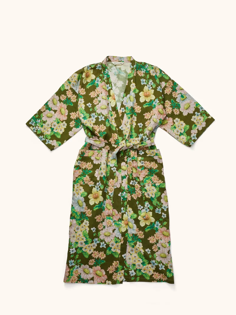 BONNIE & NEIL - FLORAL LINEN ROBE - OLIVE GREEN