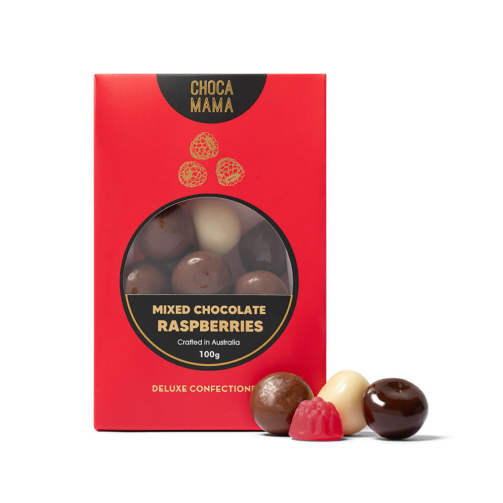 CHOCAMAMA - MIXED CHOCOLATE RASPBERRIES 100G