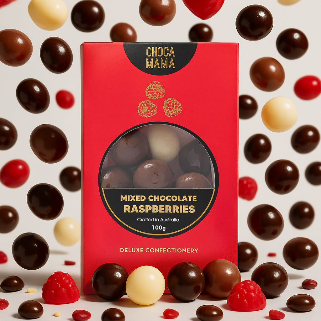 CHOCAMAMA - MIXED CHOCOLATE RASPBERRIES 100G