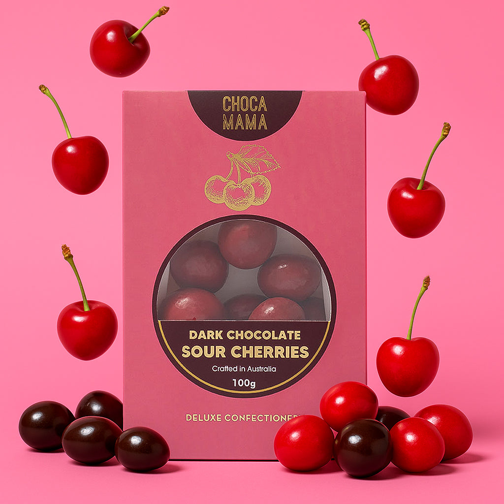 CHOCAMAMA - DARK CHOCOLATE SOUR CHERRIES 100G