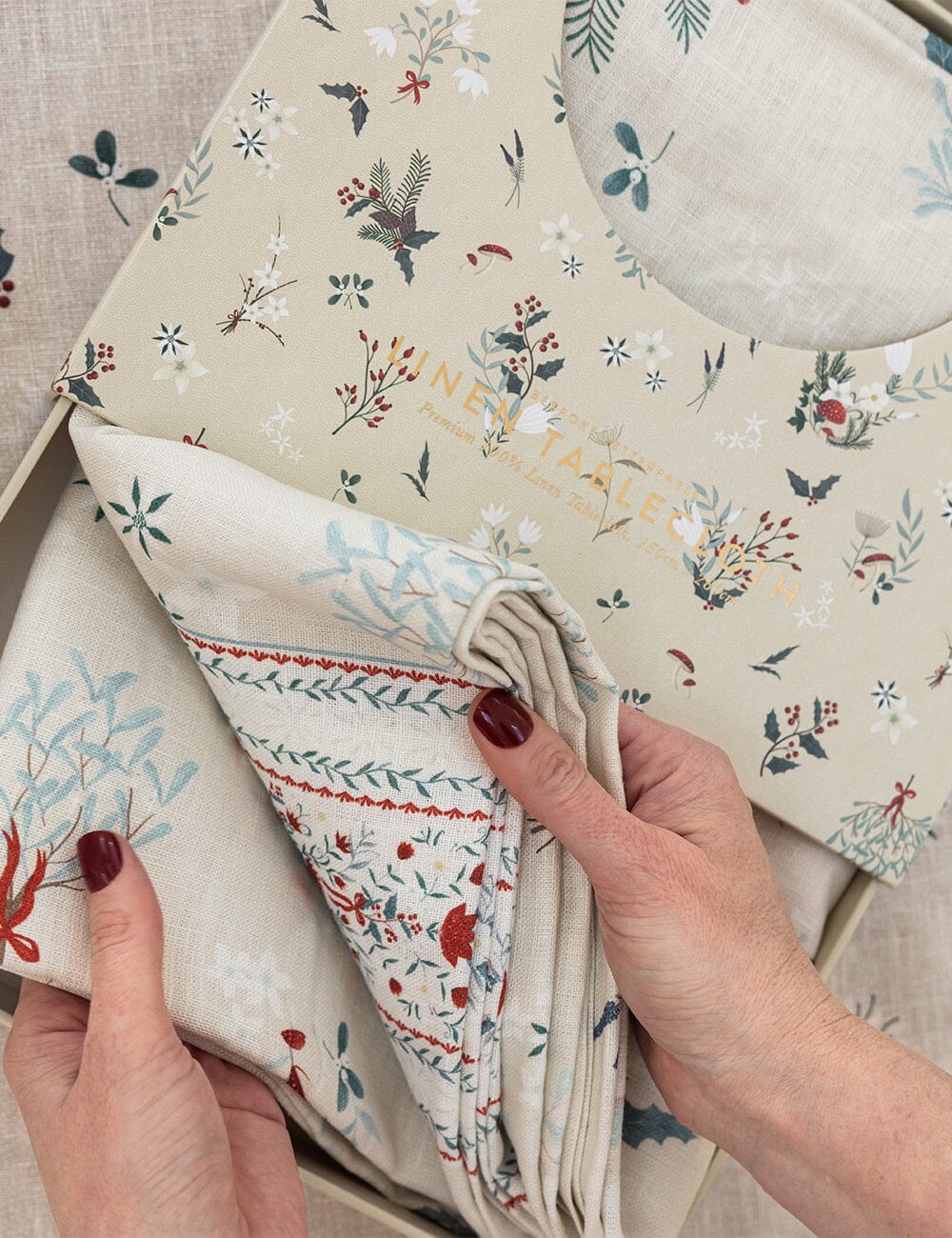 BESPOKE LETTERPRESS - 100% LINEN TABLECLOTH - HEIRLOOM CHRISTMAS HOLLY