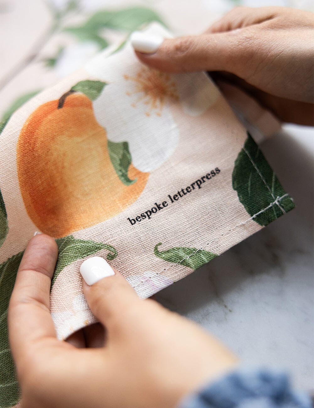 BESPOKE LETTERPRESS - PEACHES 100% LINEN TEA TOWEL