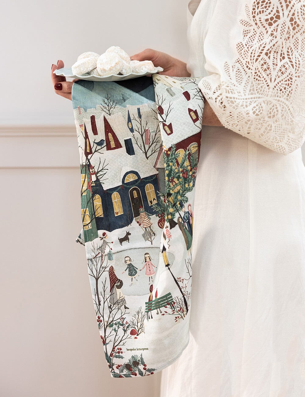 BESPOKE LETTERPRESS - 100% LINEN TEA TOWEL - THE CHRISTMAS VILLAGE