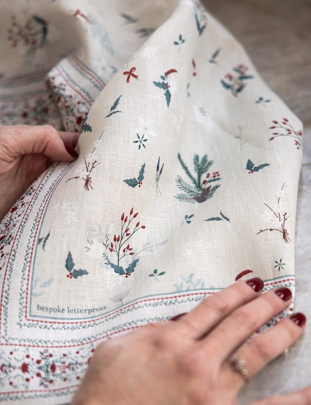 BESPOKE LETTERPRESS - 100% LINEN TEA TOWEL - HEIRLOOM CHRISTMAS HOLLY
