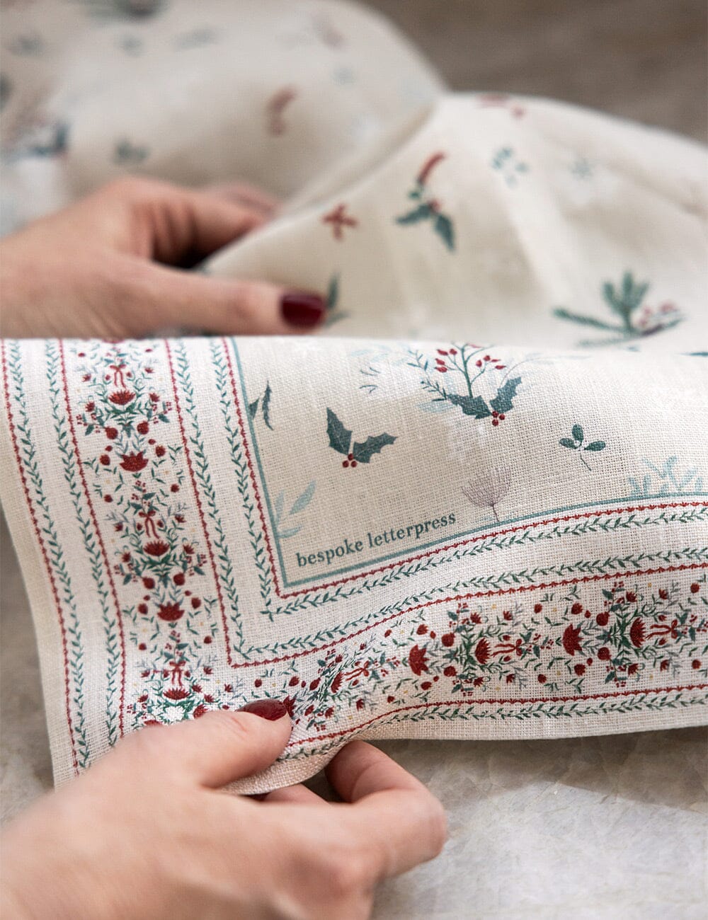 BESPOKE LETTERPRESS - 100% LINEN TEA TOWEL - HEIRLOOM CHRISTMAS HOLLY