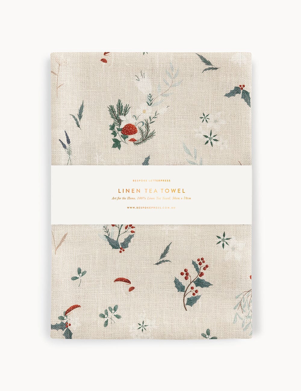BESPOKE LETTERPRESS - 100% LINEN TEA TOWEL - HEIRLOOM CHRISTMAS HOLLY