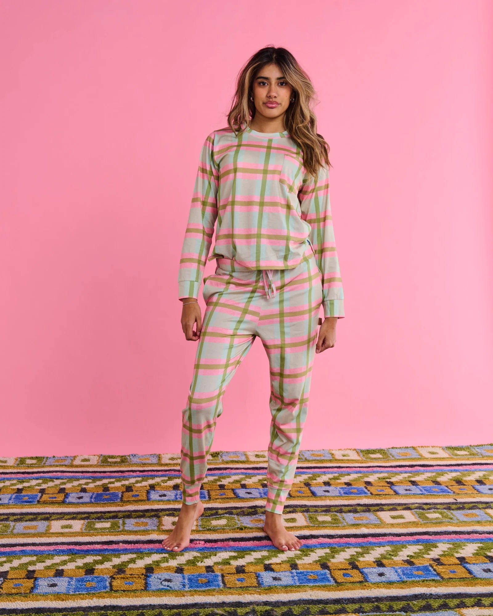 KIP & CO - ORGANIC COTTON LONG SLEEVE PYJAMA TOP & SLOUCH PANT SET - PISTACHIO TARTAN