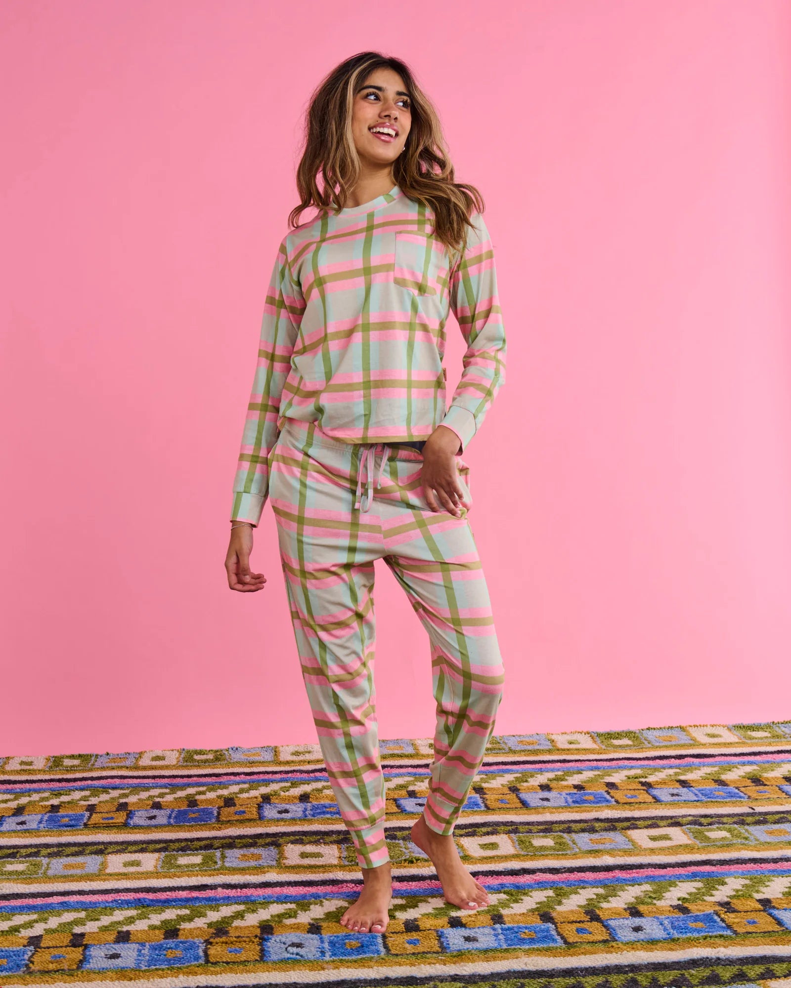 KIP & CO - ORGANIC COTTON LONG SLEEVE PYJAMA TOP & SLOUCH PANT SET - PISTACHIO TARTAN