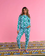 KIP & CO - ORGANIC COTTON LONG SLEEVE PYJAMA TOP & SLOUCH PANT SET -TUMBLING FLOWERS GREEN