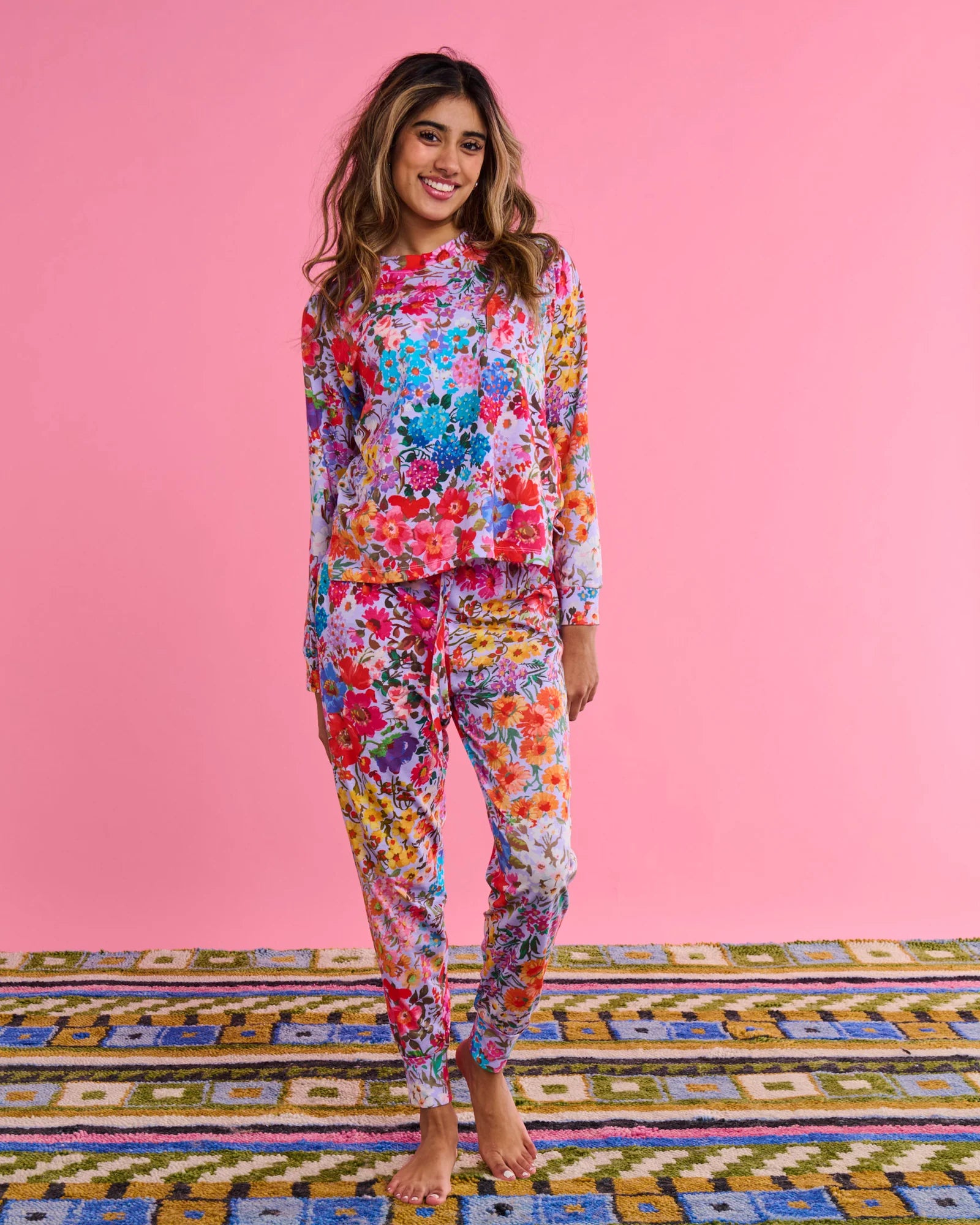 KIP & CO - ORGANIC COTTON LONG SLEEVE PYJAMA TOP & SLOUCH PANT SET - FOREVER FLORAL LILAC