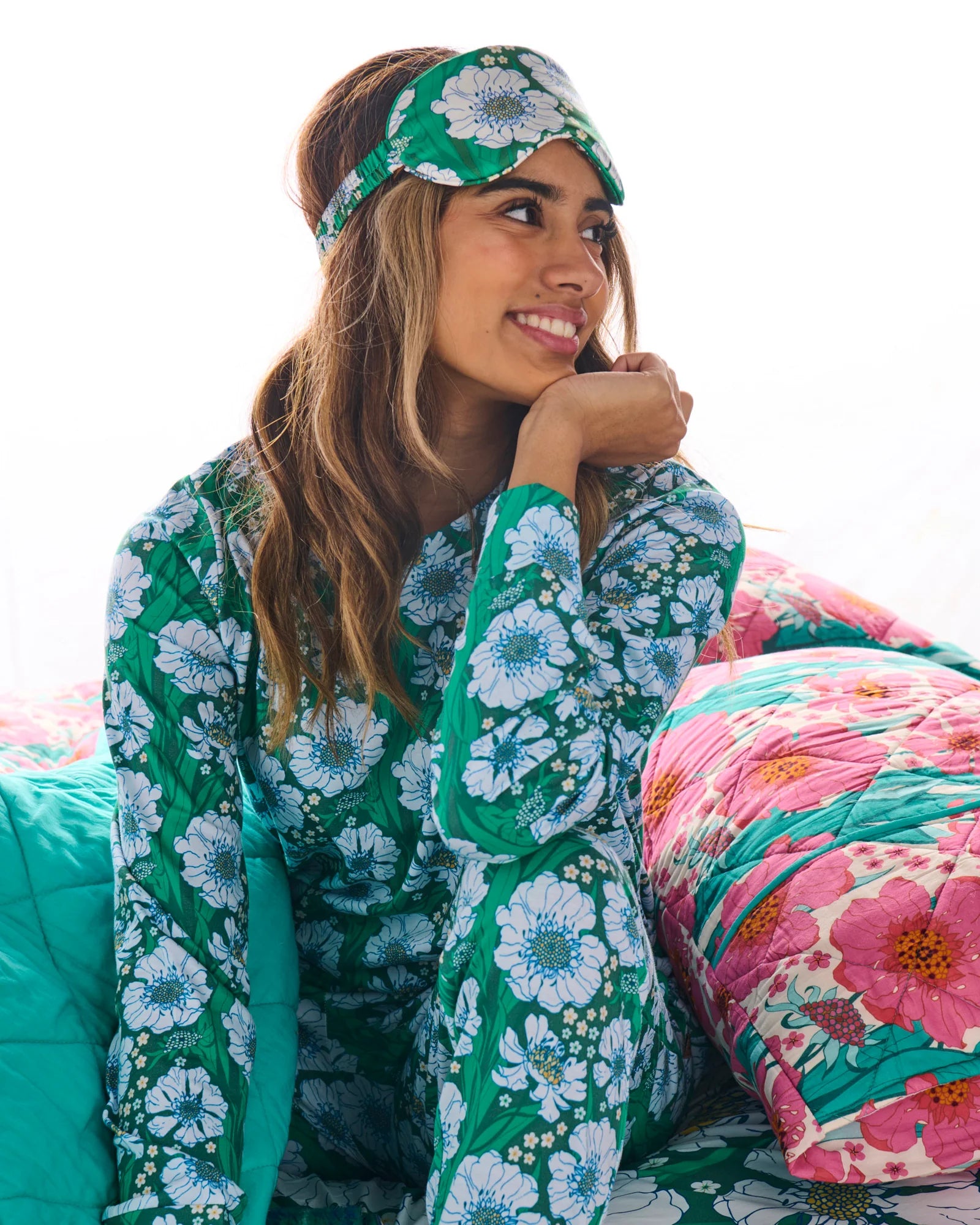 KIP & CO - ORGANIC COTTON LONG SLEEVE PYJAMA TOP & SLOUCH PANT SET -TUMBLING FLOWERS GREEN