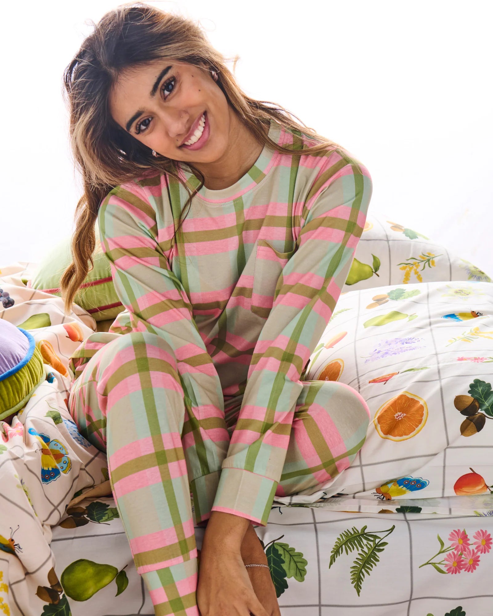 KIP & CO - ORGANIC COTTON LONG SLEEVE PYJAMA TOP & SLOUCH PANT SET - PISTACHIO TARTAN