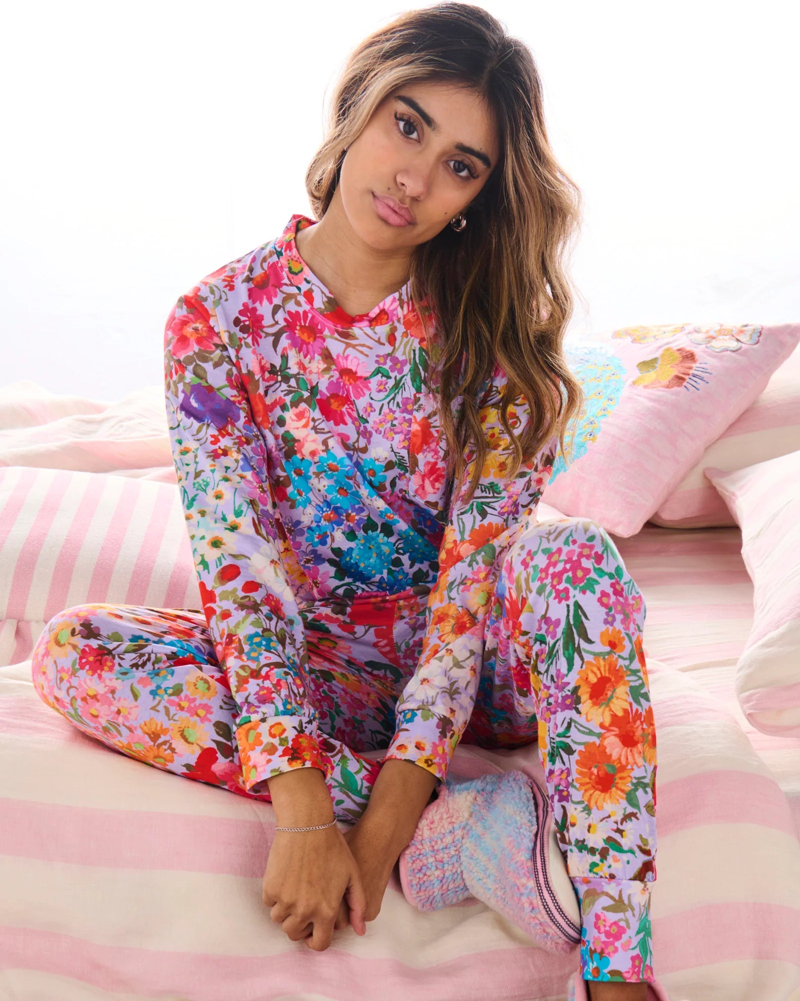 KIP & CO - ORGANIC COTTON LONG SLEEVE PYJAMA TOP & SLOUCH PANT SET - FOREVER FLORAL LILAC