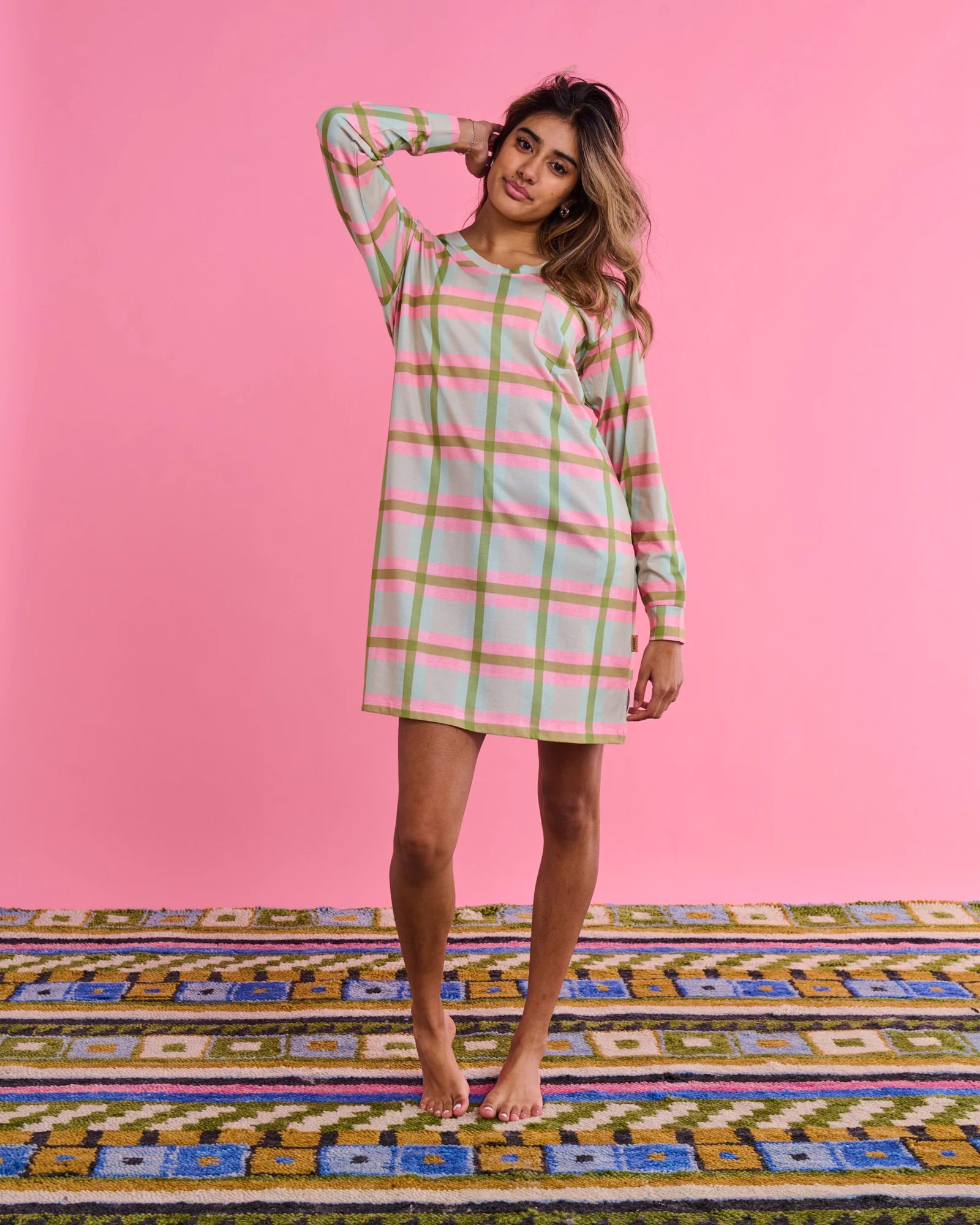 KIP & CO - ORGANIC COTTON LONG SLEEVE NIGHTIE - PISTACHIO TARTAN