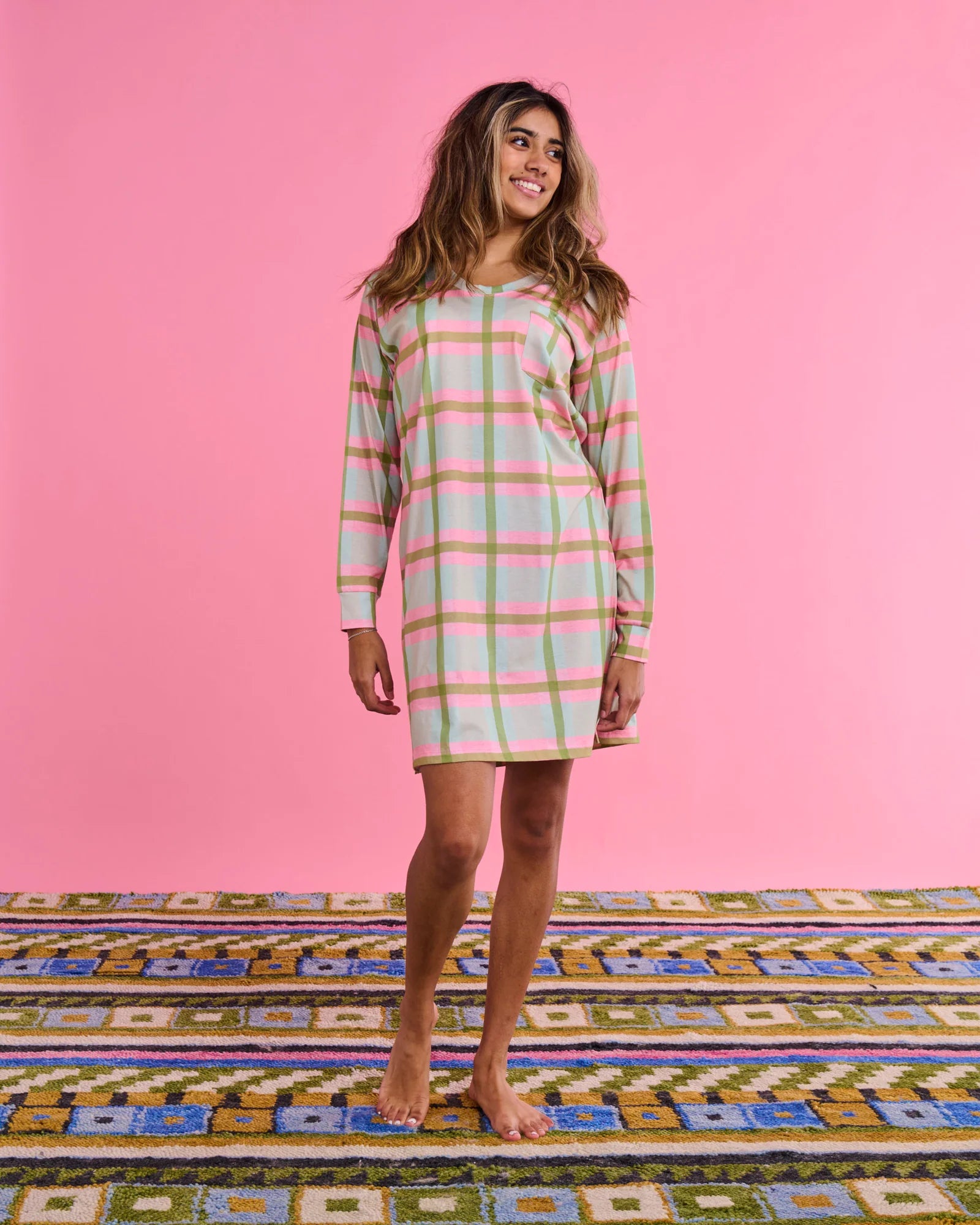 KIP & CO - ORGANIC COTTON LONG SLEEVE NIGHTIE - PISTACHIO TARTAN