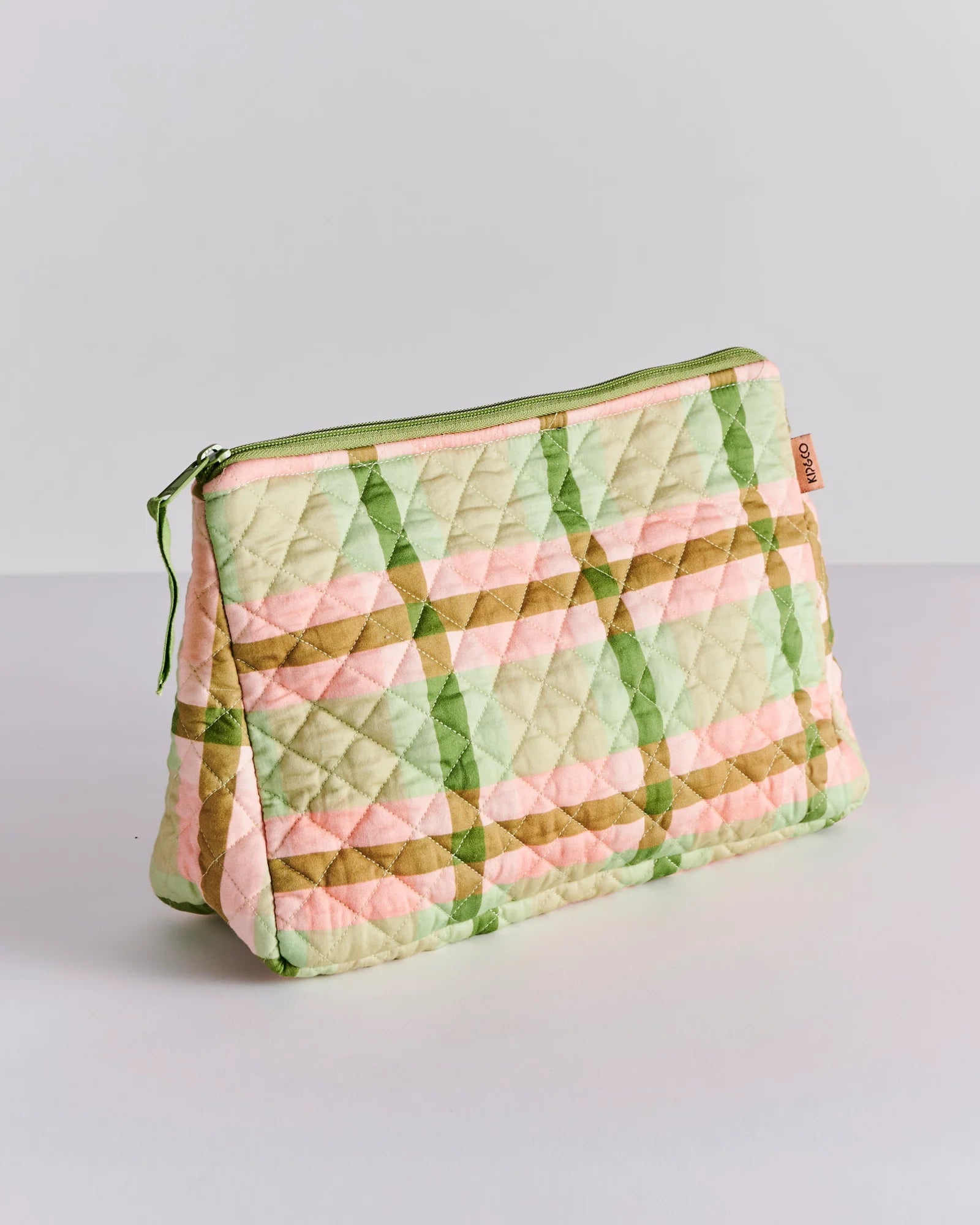 KIP & CO - QUILTED COTTON TOILETRY PURSE - PISTACHIO TARTAN