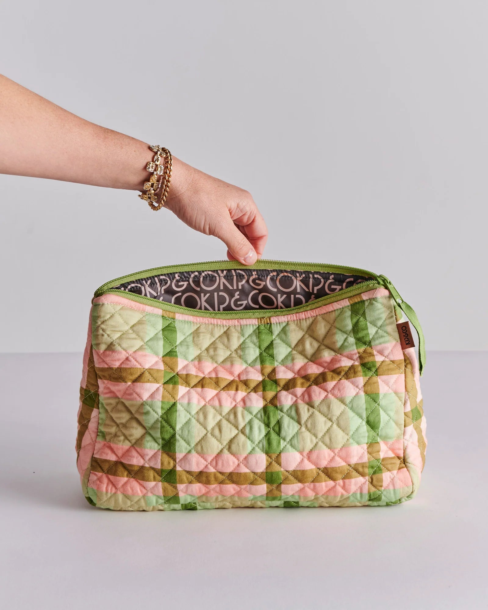 KIP & CO - QUILTED COTTON TOILETRY PURSE - PISTACHIO TARTAN