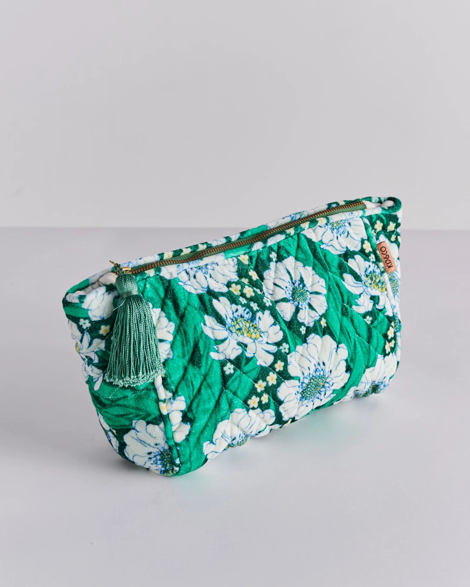 KIP & CO - VELVET TOILETRY BAG - TUMBLING FLOWERS GREEN