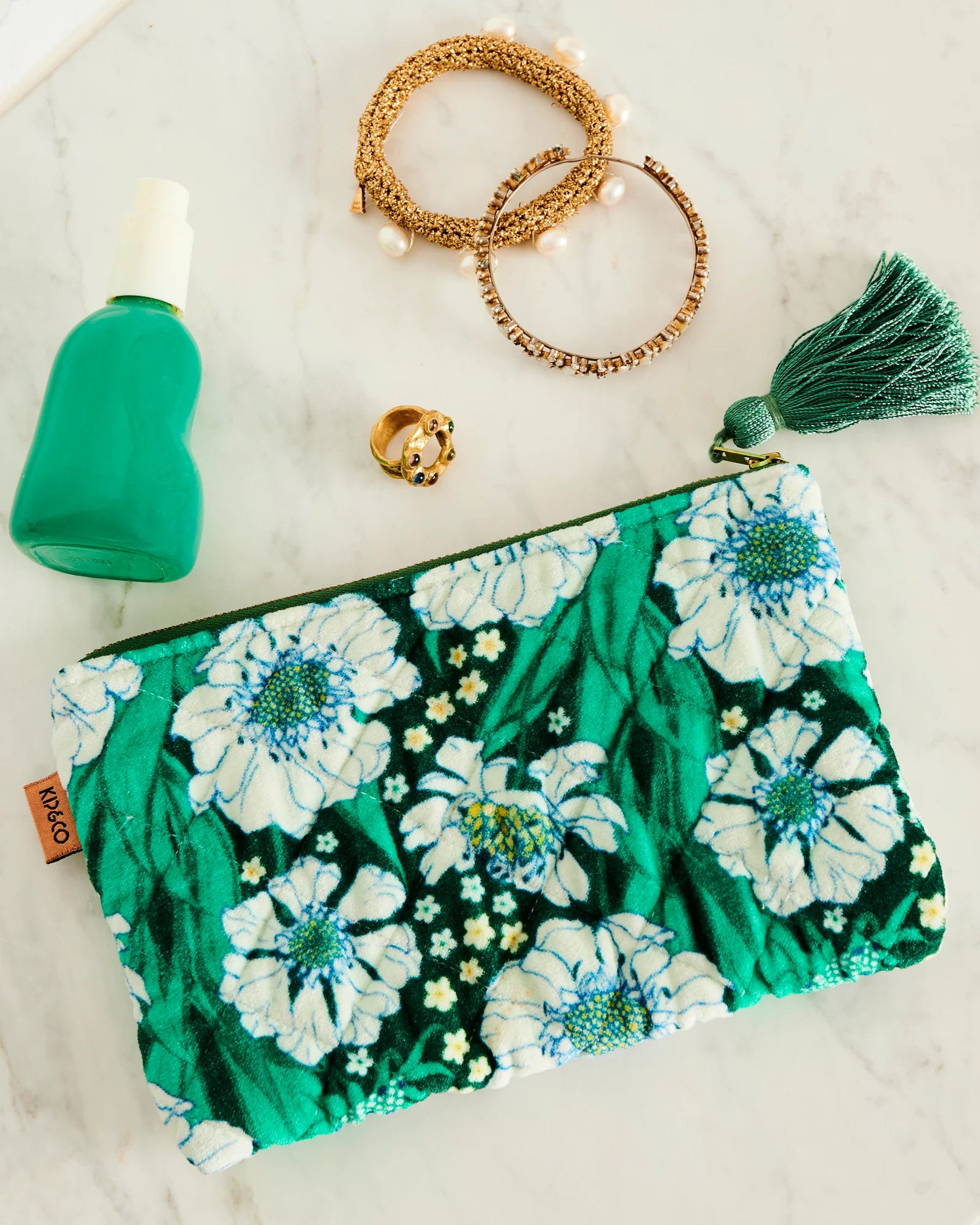 KIP & CO - VELVET COSMETIC PURSE - TUMBLING FLOWERS GREEN